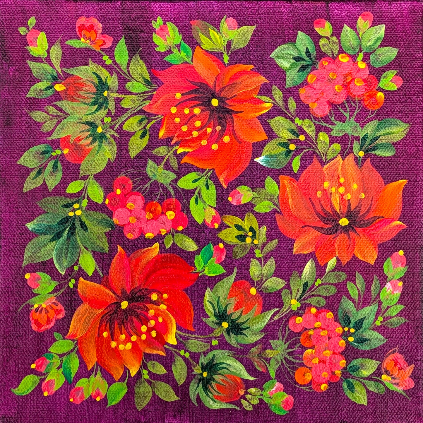 Flowers on magenta background, 8" x 8 "x 1.5", canvas