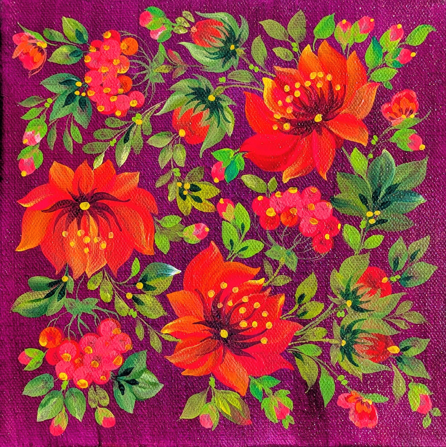 Flowers on magenta background, 8" x 8 "x 1.5",  canvas