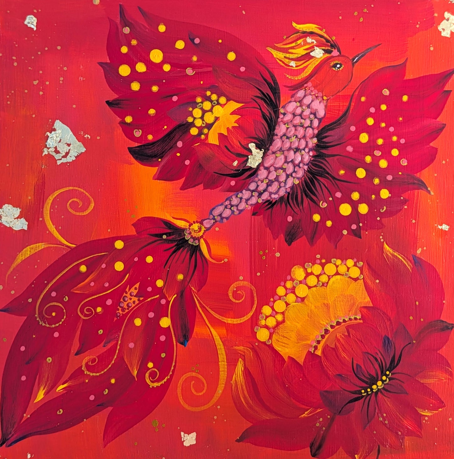 Rise of Phoenix, 8" x 8 "x 1/2",  wooden cradled panel