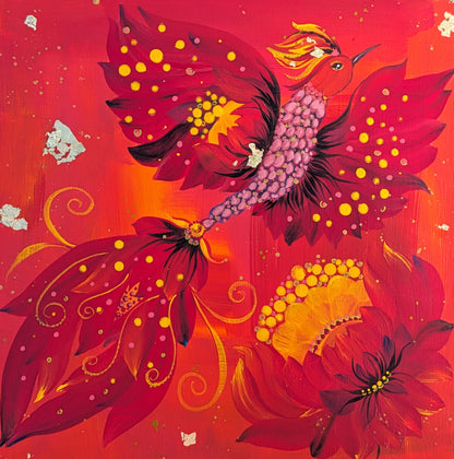 Rise of Phoenix, 8" x 8 "x 1/2",  wooden cradled panel