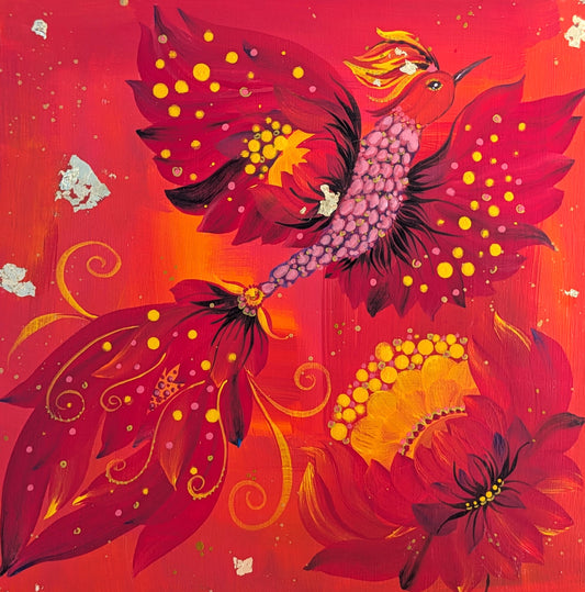 Rise of Phoenix, 8" x 8 "x 1/2",  wooden cradled panel