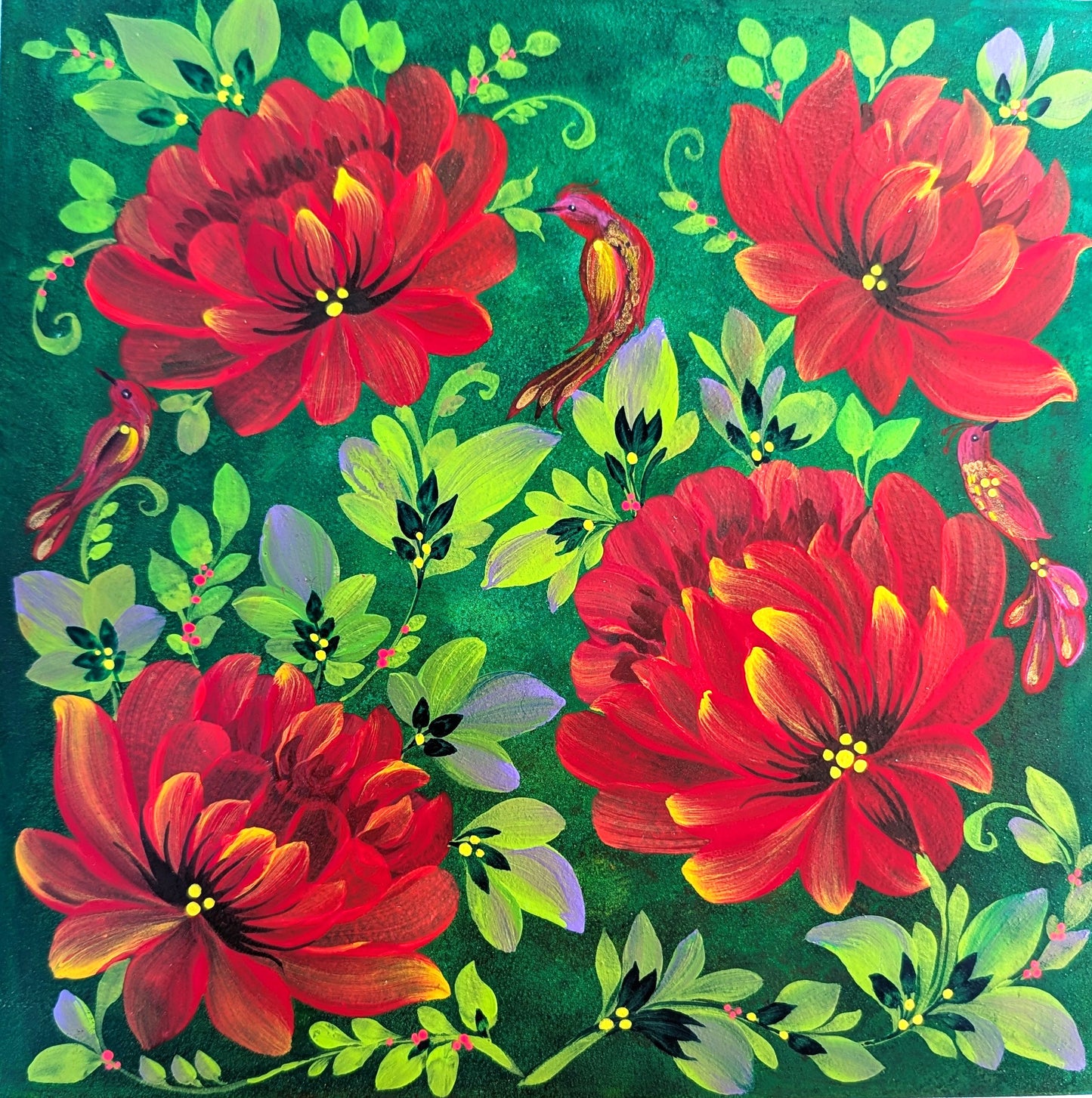 Hidden birds, 8" x 8 "x 1/2" , wooden cradled panel
