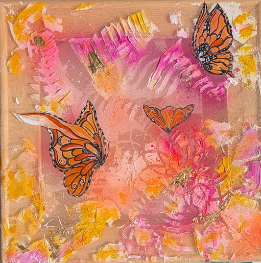 Butterflies Playing, 10" x 10", Stretched Organza