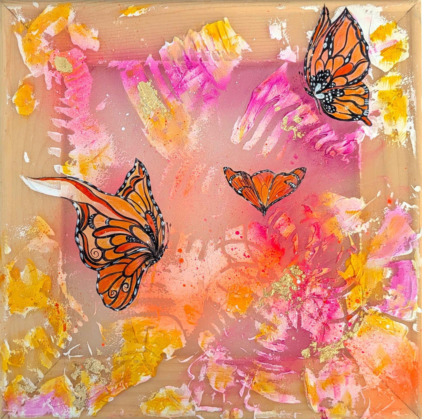 Butterflies Playing, 10" x 10", Stretched Organza