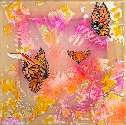 Butterflies Playing, 10" x 10", Stretched Organza