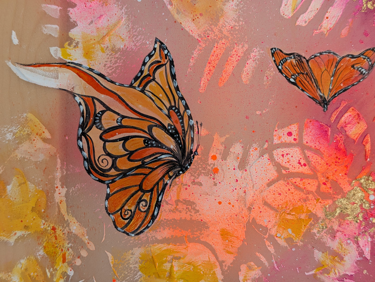 Butterflies Playing, 10" x 10", Stretched Organza