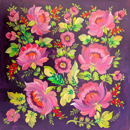 Purple and pink bliss, 12" x 12 "x .75" , wooden cradled panel
