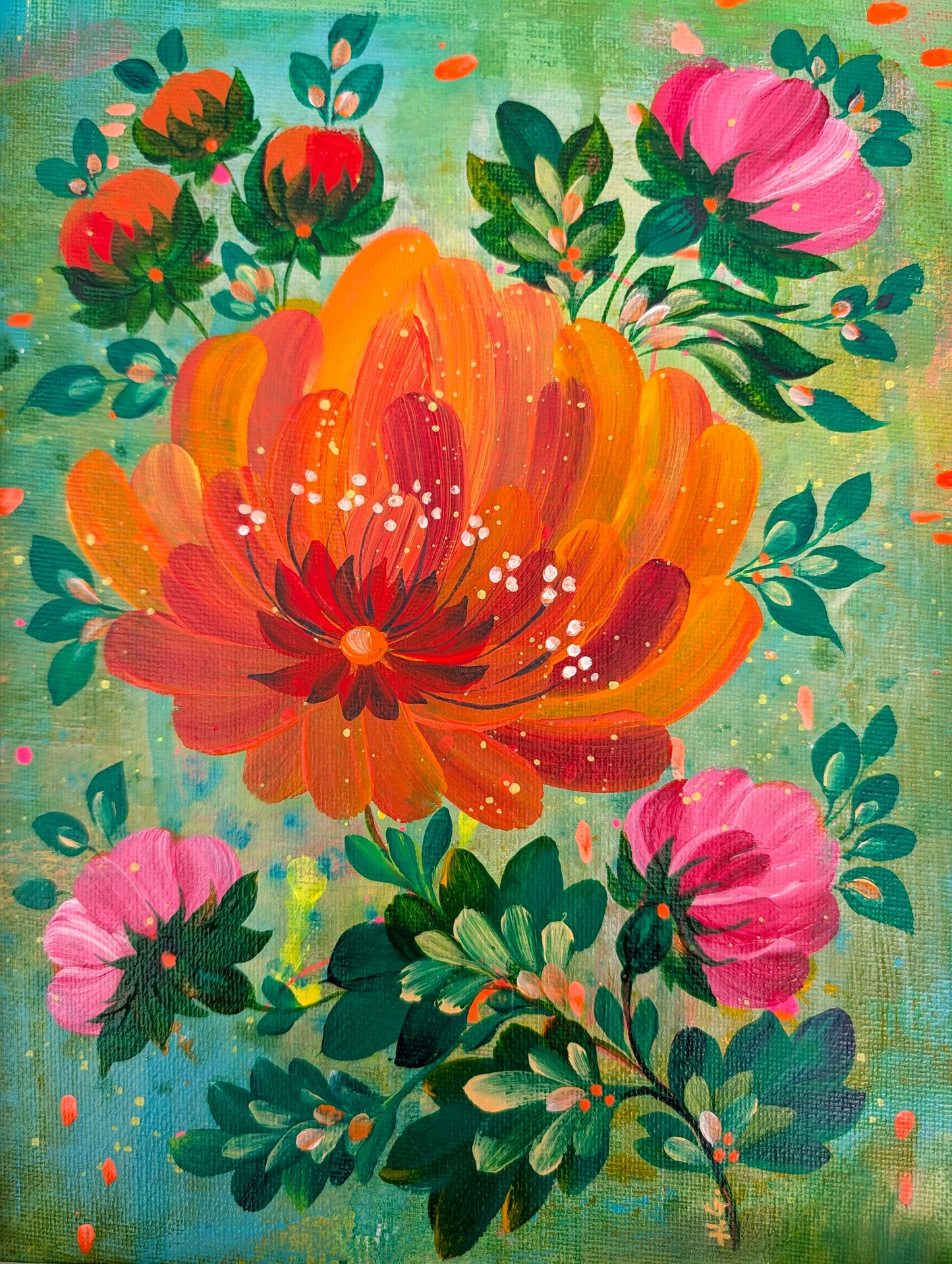 Happy flower, 8" x 10 ", canvas panel, framed